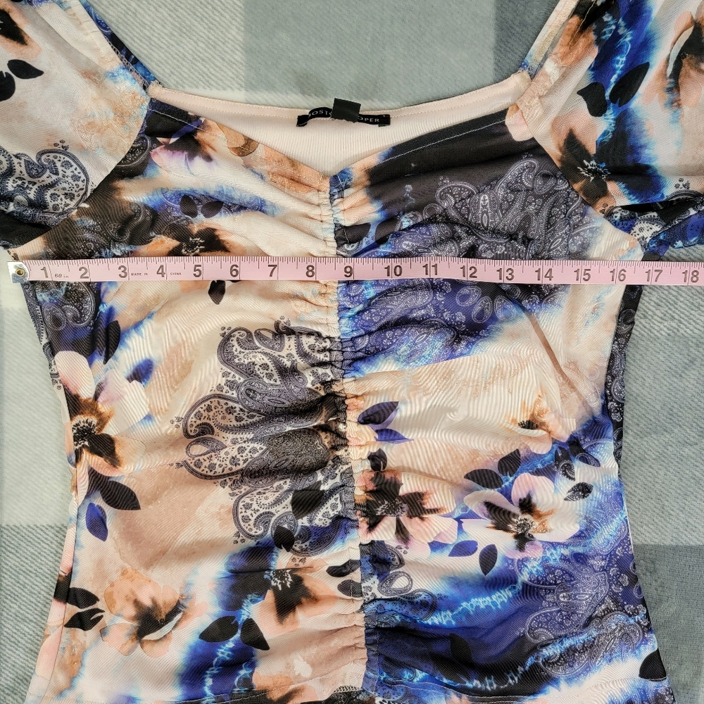 Boston Proper Ruched Off The Shoulder Blue Cream Watercolor Paisley Blouse Med - Picture 8 of 9
